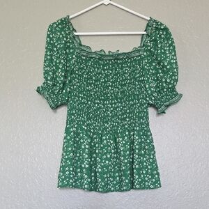 Max Studio Green Smocked Floral Peasant Top
